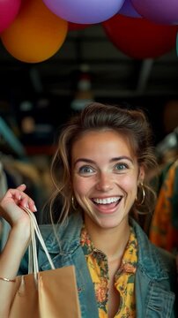 woman discovering a unique vintage garment in a stylish boutique during Black Friday sale, thoughtful and inspired