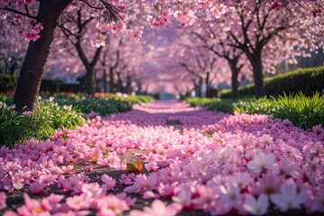 Lush Cherry Blossom Petals Floating in a Colorful Spring Garden