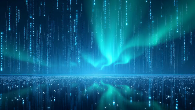 Digital Aurora Phenomenon: Binary Code Streams Creating Luminous Curtains of Blue Numerical Patterns