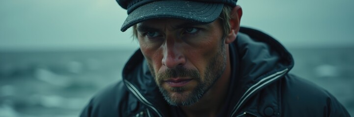 a rugged man in a cap stares intently at the ocean, exuding an aura of determination amidst a stormy backdrop.