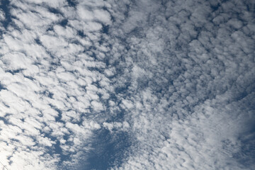White altocumulus clouds covering blue sky on sunny day