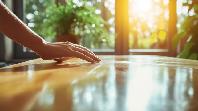 Sunlit hand gently touching polished wooden table indoors with natural light and calm reflection symbolizing peace, home warmth and simplicity, Generative AI