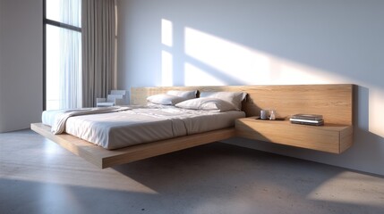 Minimal floating bed with nightstands embedded in wall  