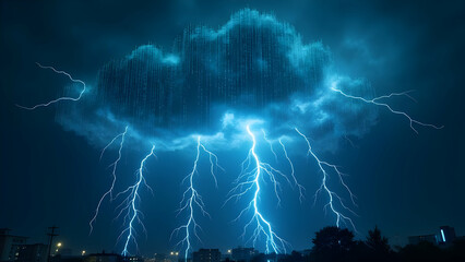Electric Data Tempest: Binary Code Thunderstorm with Lightning Bolts Striking Through Information Clouds