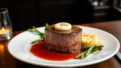 Gourmet filet mignon steak served with asparagus, red wine sauce, and mashed potatoes on a white plate in a fine dining setting
