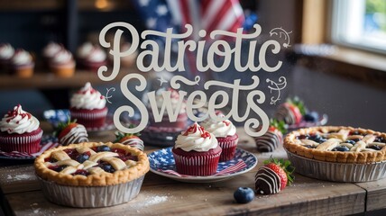 Assortment of patriotic desserts including pies, cupcakes, and chocolate-covered strawberries with text Patriotic Sweets in a festive setting