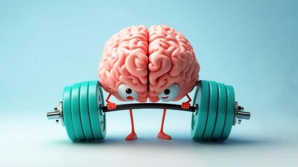 Cartoon brain lifting heavy barbell weights symbolizing mental strength and cognitive fitness on a blue background