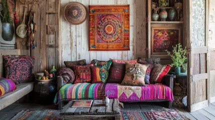 Boho living room with colorful textiles, rustic wooden furniture and wall decor.