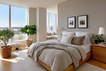 Fototapeta premium An elegant bedroom featuring large windows that offer a view, displaying modern decor and cozy bedding, perfect for a relaxing and stylish living environment.