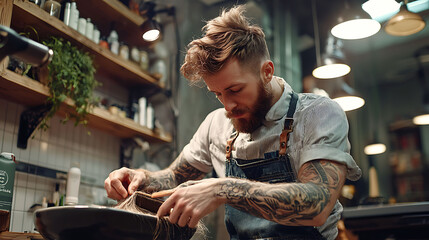 A skilled barber with intricate tattoos meticulously styles hair, showcasing dedication to craft  precision.