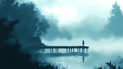 A solitary figure stands at the edge of the lone wooden pier, gazing into the tranquil lake shrouded in misty fog. Enshrouded Edge. Illustration