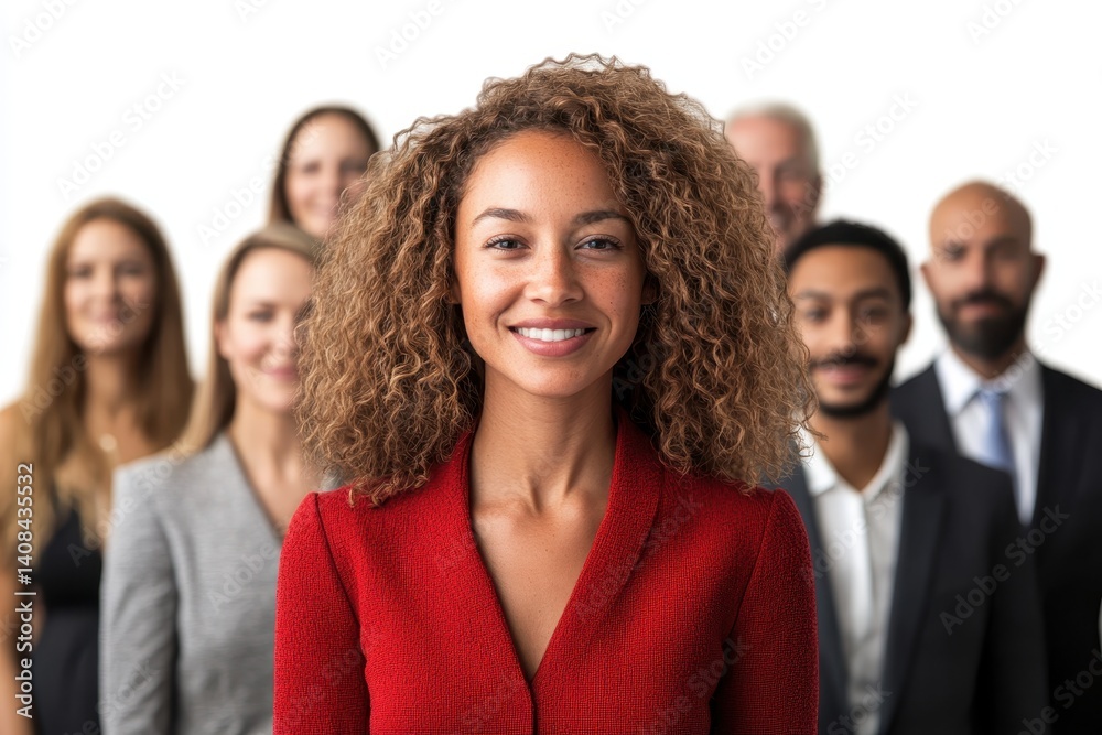 Poster group of confident professionals standing together in an office setting, showcasing teamwork and col