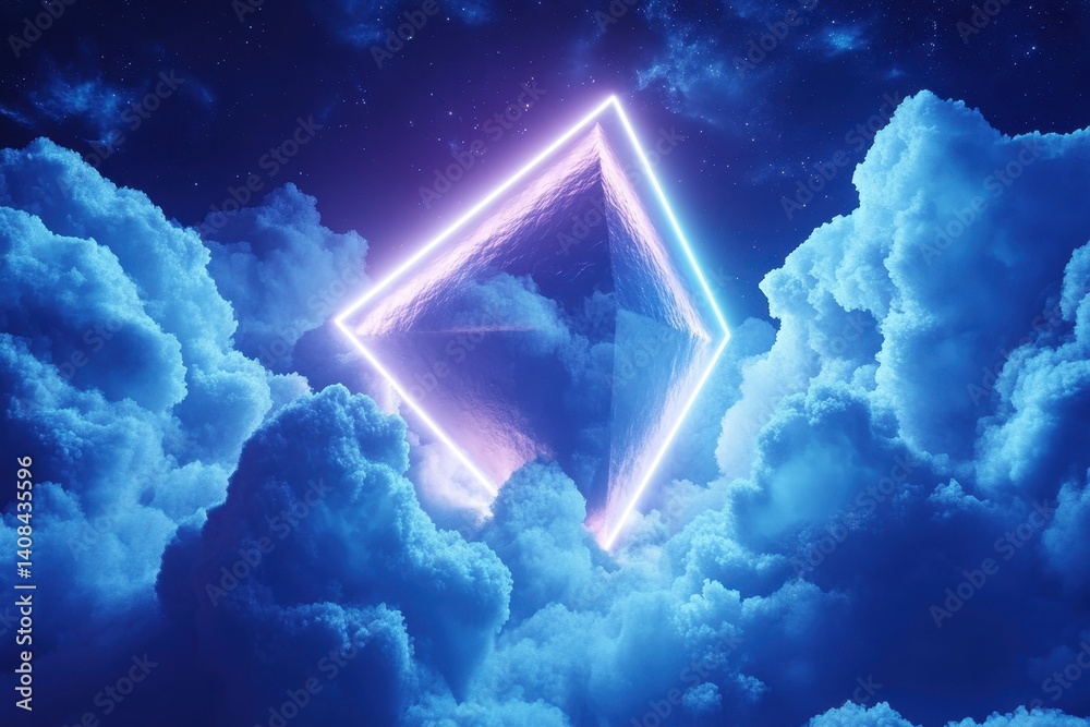 Poster illuminated pyramid structure floating among vibrant clouds at night with glowing edges under a star