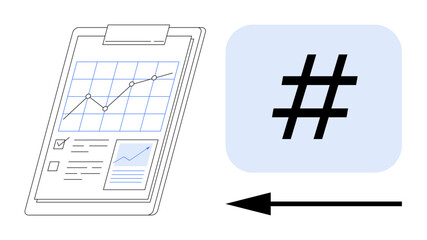 Obraz premium Chart and analysis on clipboard with graph overlay, metadata tag symbol in blue square, arrow pointing left. Ideal for analytics, planning, strategy, data sharing, social media, teamwork simple