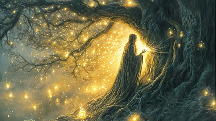 A candid image of a forest spirit weaving glowing threads into the branches of an ancient tree. Glowing Weave. Illustration