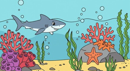 Obraz premium Cartoon shark swimming among colorful coral reefs and sea life 