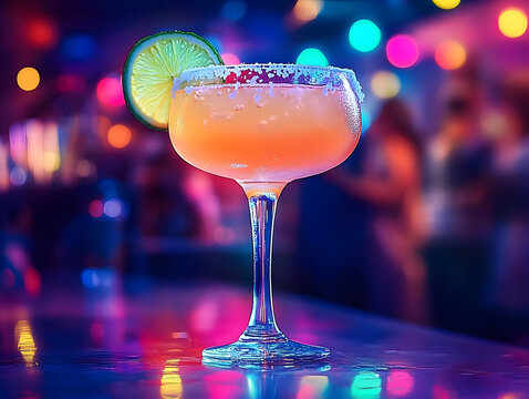 A closeup of a frosty margarita with a neon glow, blurred crowd dancing in the background, alcoholic drink nightlife, cool and refreshing