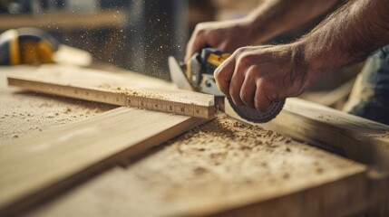 Carpenter measuring and cutting wooden planks at a home renovation site. Featuring craftsmanship and accuracy