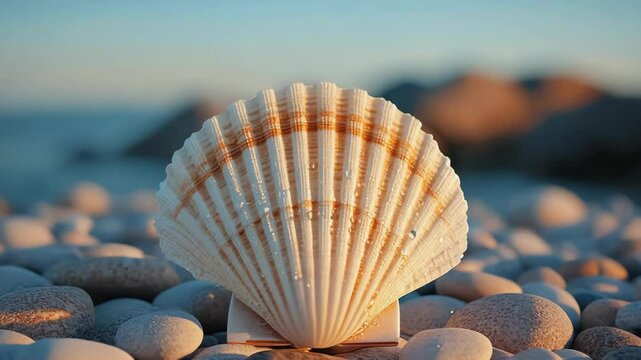 Large scallop shell balanced on small pedestal with ocean background and smooth beach stones in soft, warm light.