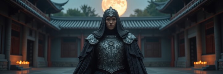 Naklejka premium A mysterious figure clad in ornate armor stands in a traditional courtyard, illuminated by the glowing full moon, creating an atmosphere of intrigue and valor.