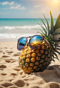 pineapple with sunglasses on a tropical beach, vacation summer concept