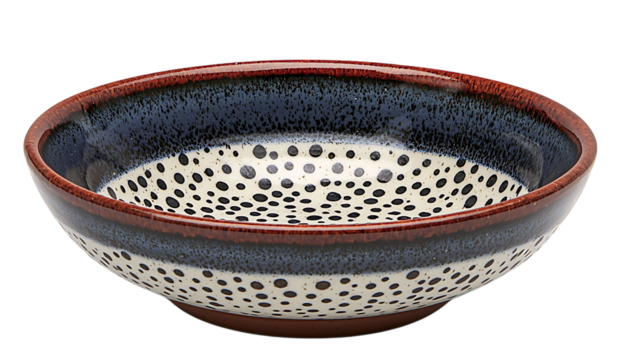 Elegant handcrafted ceramic bowl with a unique speckled design.  Rich brown and deep blue glazes create a sophisticated look, perfect for serving appetizers, snacks, or as a decorative piece.