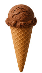 Chocolate ice cream scoop melting on crispy cone with transparent background