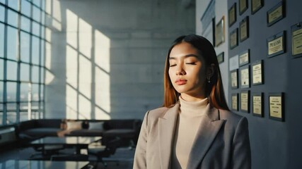Calm professional woman meditating in office space with sunlight and serene expression for mental health or wellbeing promotion.