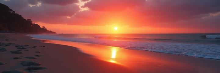 Obraz premium Breathtaking sunset over a serene beach, with vibrant orange and pink hues reflecting on calm waters, creating a peaceful and picturesque coastal scene.