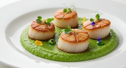 Four scallops on green puree garnished with flowers served on white plate.