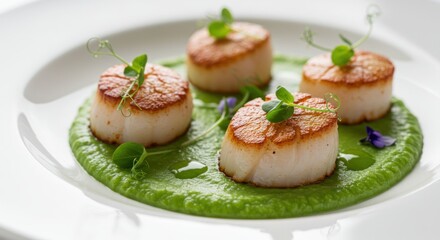 Four scallops on green puree with garnish on a white plate.