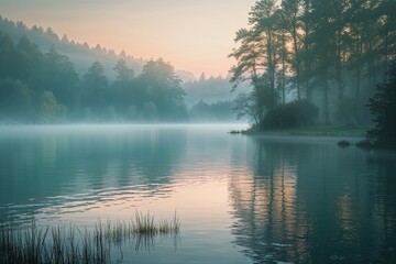 Fototapeta premium Serene Lake at Sunrise with Ethereal Mist and Gentle Natural Tones