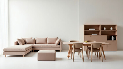 Modern minimalist living room and dining area in neutral tones with natural light Generative AI