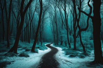 Fototapeta premium Enigmatic Winter Wonderland Exploring a Mystical Teal Forest Path