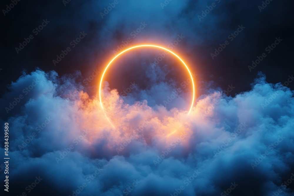 Poster colorful sunset illuminating clouds during a solar eclipse viewed from a serene location on a clear 