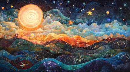 Starlit quilts: celestial masterpieces adorned with cosmic wonders. Cosmic Quilt. Illustration