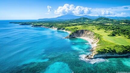 Coastal landscape featuring cliffs, turquoise waters, and lush greenery under a bright sky in a serene coastal region