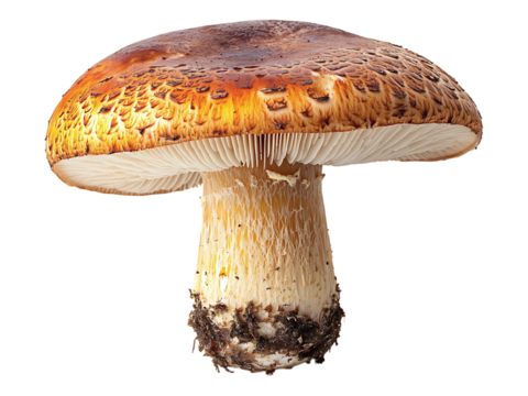A striking closeup of a single, large mushroom against a pure white background. Its cap displays rich, earthy tones of brown and orange, while the stem showcases a creamy, textured surface.
