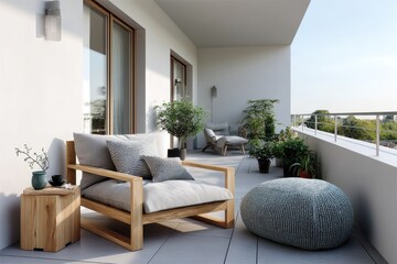 A beautifully designed balcony featuring comfortable seating and an array of lush plants, creating a peaceful retreat for relaxation amidst a vibrant urban backdrop.
