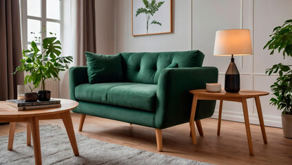 Cozy living room with green sofa, natural light, and decorative plants Generative AI