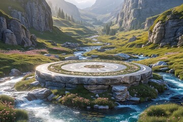 Magical Granite Platform Nestled Amidst Glimmering Streams in a Fabled Valley