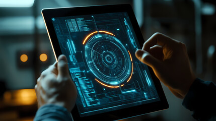 An it professional showcasing a mobile app prototype on a sleek tablet. bright lighting, contrast. Ebonveil Shield. Illustration
