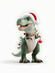 Cheerful dinosaur in a Santa hat celebrates Christmas with ornaments and a festive decoration