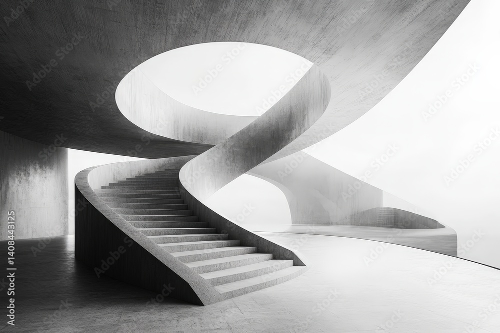 Poster Modern spiral staircase design with smooth concrete surfaces in an architectural space featuring minimalistic elements and soft lighting