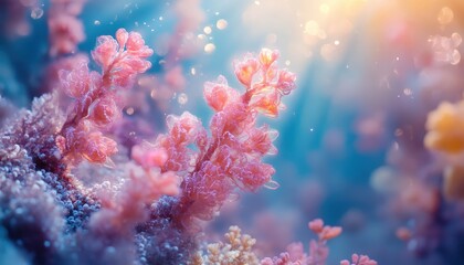 Fototapeta premium Underwater coral garden showcasing vibrant pink corals in a sunlit ocean, illustrating the beauty of marine life and the importance of coral ecosystems