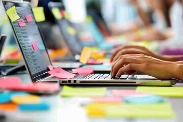 Busy workspace filled with colorful sticky notes and focused individuals typing on laptops during a collaborative project session