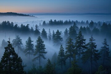 Obraz premium Twilight Mist Over Weathered Pines in Majestic Scenic Panorama