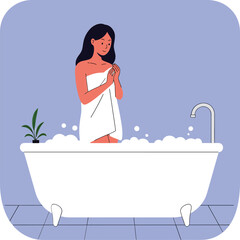 Woman enjoying a relaxing bath in a white tub with bubbles in a minimal vector illustration