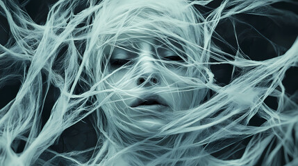 Tangled white threads weaving spectral visage with haunting dark eyes, materializing from shadowy depths, conveying supernatural mystery and spine chilling intrigue. Spectral Weave. Illustration