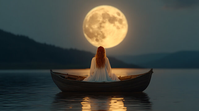 Moonlit Serenity: A woman finds peace rowing on a lake bathed in moonlight. Reflections dance on the water's surface, serene.